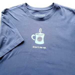 Life is Good Crusher Tee Mens L Blue Short Sleeve T Shirt Coffee Cup Start Me Up